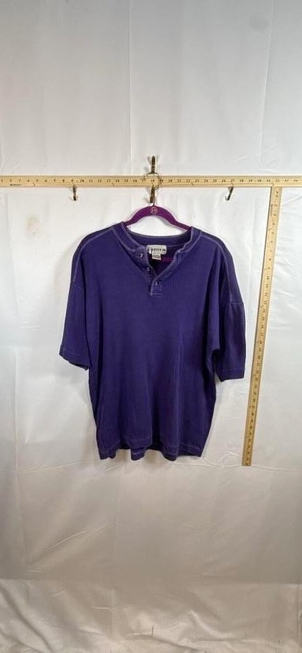 BASIXGEAR Mens Large Henley Shirt Purple Short Sleeve Contrast Stitch Casual - Picture 1 of 3